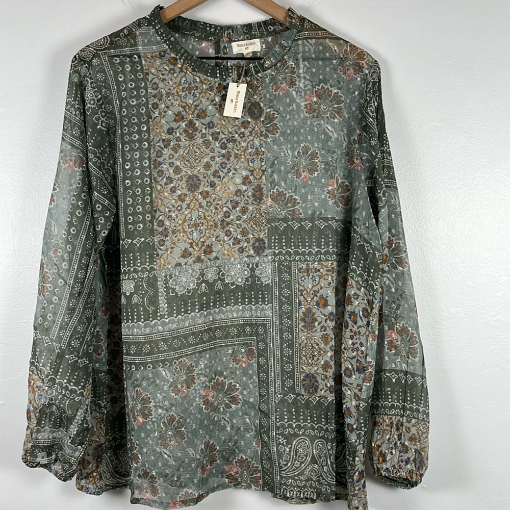 World Market Womens’ Blouse NWT Paisley like prints subdued colors Long Sleeves